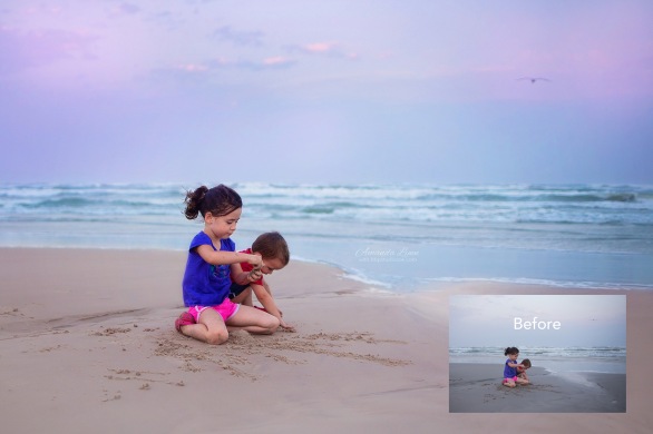 before and after edits of children playing in the sand at the beach oklahoma city photographer